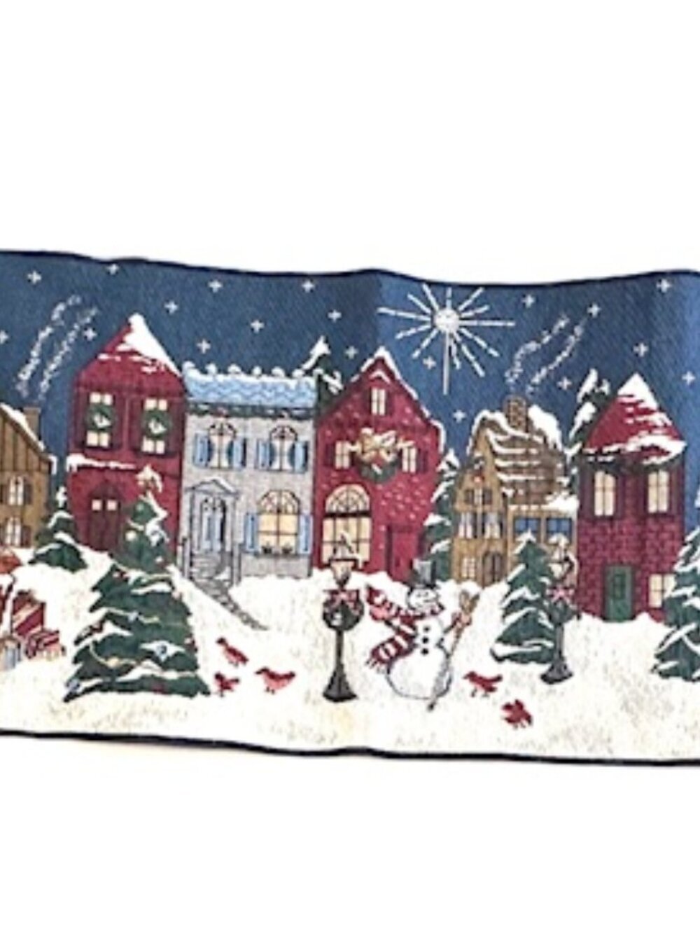 VTG Christmas Table Runner Tapestry Fringe Snowman Winter Village 31"x12.5"
